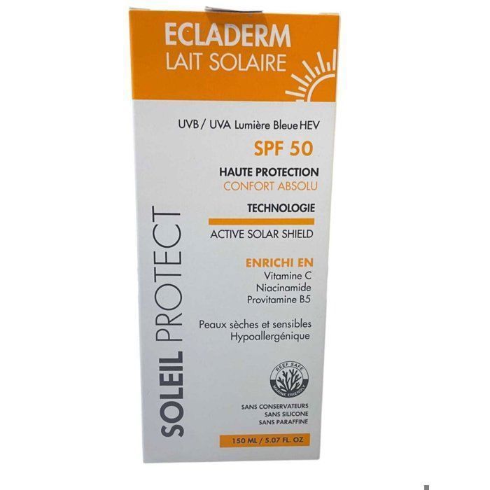 Ecladerm Lait Solaire SPF50+ – Haute Protection UV – Résistant à l’Eau – 150ml – Idéal Peaux Sensibles & Soleil Fort
