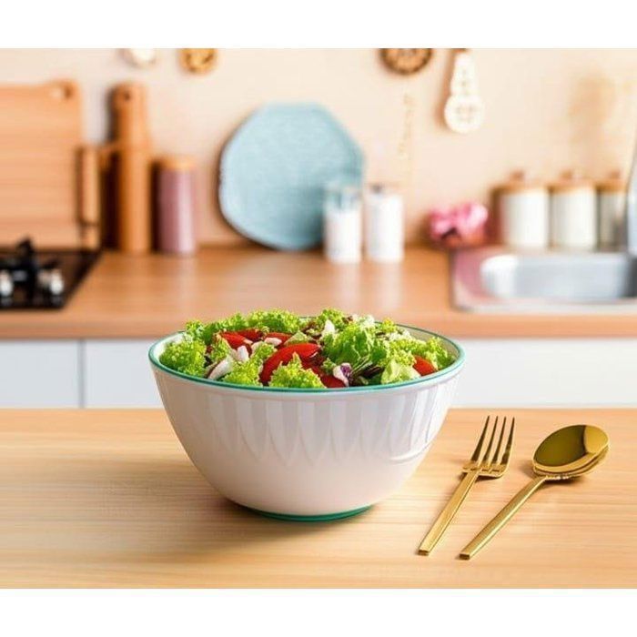 Saladier - AYA HOME - Céramique - Blanc avec bord vert - Design moderne - Résistant aux rayures