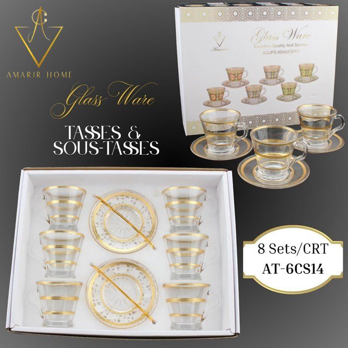 Set de 6 Tasses en Verre avec Sous-Tasses Dorées –