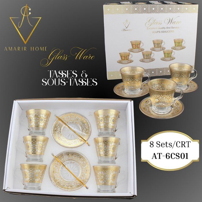 Service de 6 Tasses en Verre avec Sous-Tasses Dorées