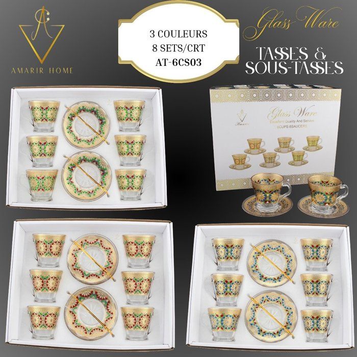 Set de 6 Tasses en Verre avec Sous-Tasses Motifs Multicolores –