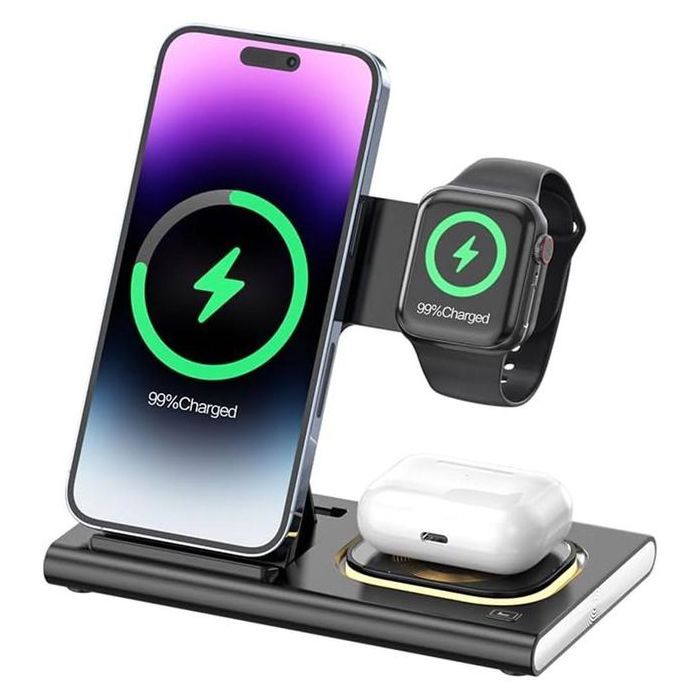 Station de charge magnétique sans fil pliable 4 en 1 avec veilleuse A80