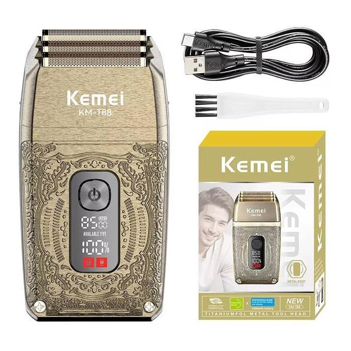 Kemei Rasoir professionnel haute puissance triple lame hommes en métal, écran LCD duplex, chargement USB intelligent KM-T88