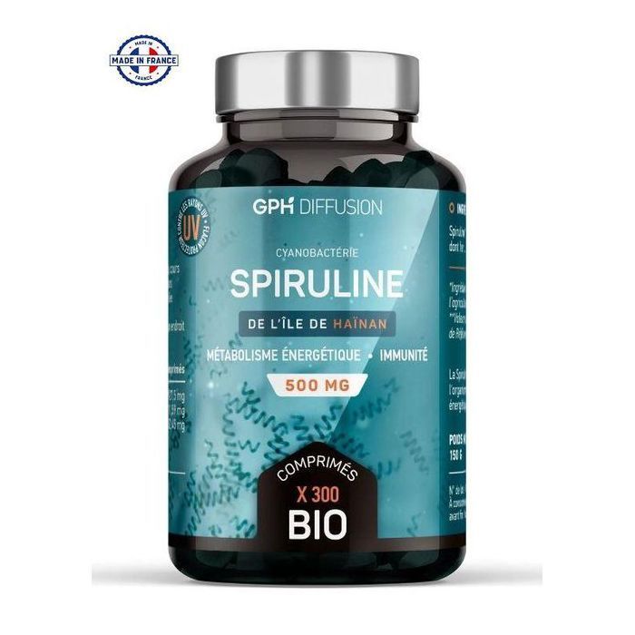 Spiruline Bio 500 mg  Boite de 300 Comprimés – Complément Naturel Énergie, Immunité, Vitalité – Origine Île de Hainan France