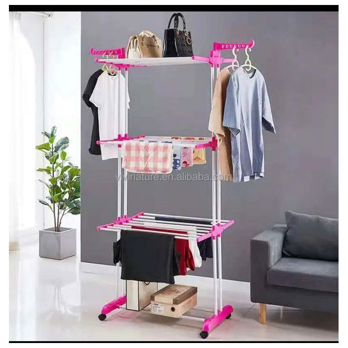 Étendoir à vêtements - GENERIC - Pliable 4 niveaux - Acier inoxydable - Mobile avec roulettes - Couleur rose