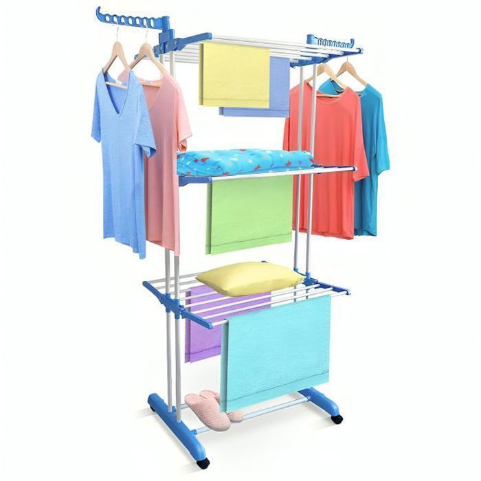 Cintre à trois niveaux, cintre réglable en acier inoxydable avec ailes pliantes pour intérieur et extérieur, Bleu