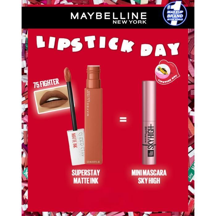 Pack Maybelline – SuperStay Matte Ink 75 Fighter + Mini Mascara Sky High