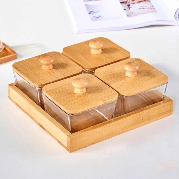 Coffret 4 Bocaux en Verre avec Couvercles Bambou – Rangement Cuisine