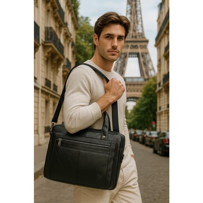 Sacoche pour ordinateur portable - Cuir véritable - Noir - 15,6 pouces - Élégant et fonctionnel
