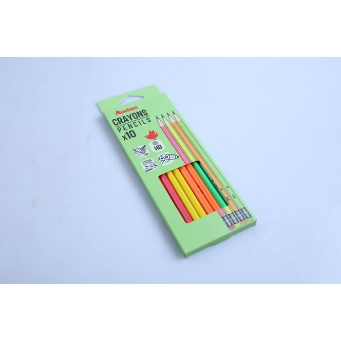 Crayon - AUCHAN - 10 crayons graphite néon HB - Fluo - Avec gomme - Mixte