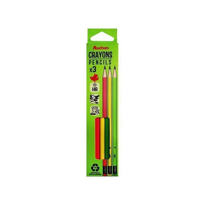 Crayon graphite - AUCHAN - HB - 3 pièces - Néon - Avec gomme