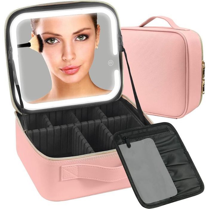 Trousse de maquillage de voyage - GENERIC - ROSE - Miroir LED 4K - Imperméable - Compartiments ajustables