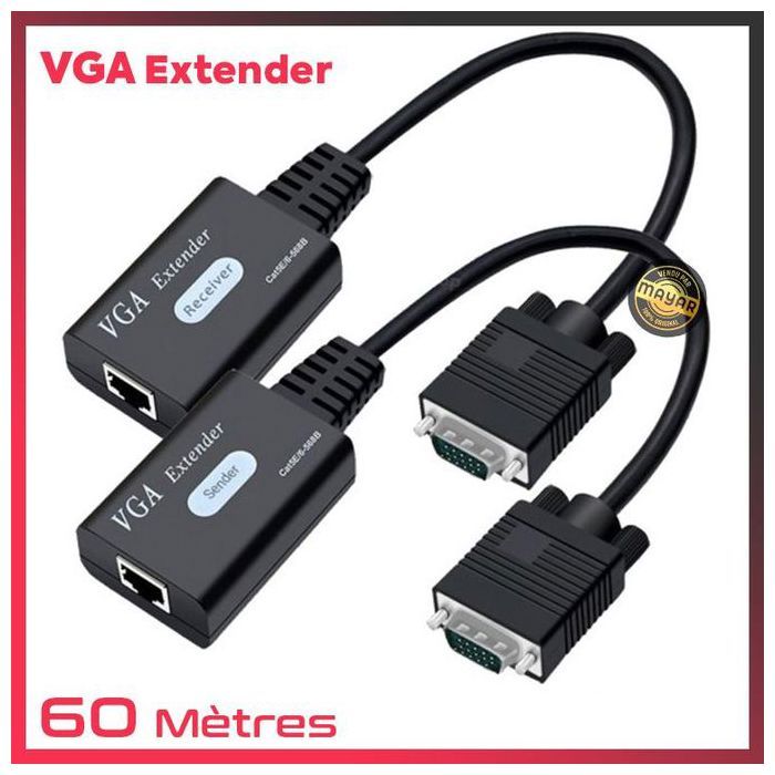 Extenseur VGA - GENERIC - RJ45 Cat5e/6 - 60 mètres - 1080P - Transmetteur & Récepteur