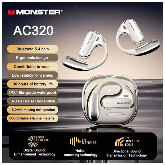 Monster AC320 Écouteurs Sans Fil TWS – Son Stéréo 4D, Bluetooth 5.4, Étanches IPX7
