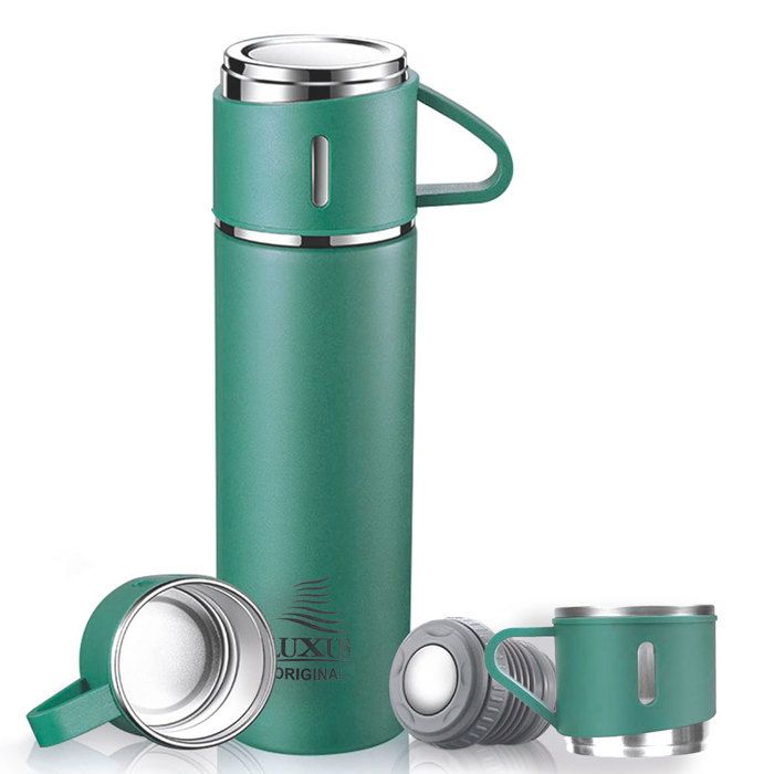 Coffret cadeau - LUXUS - Thermos 500 ml - 3 tasses isothermes - Acier inoxydable - Vert