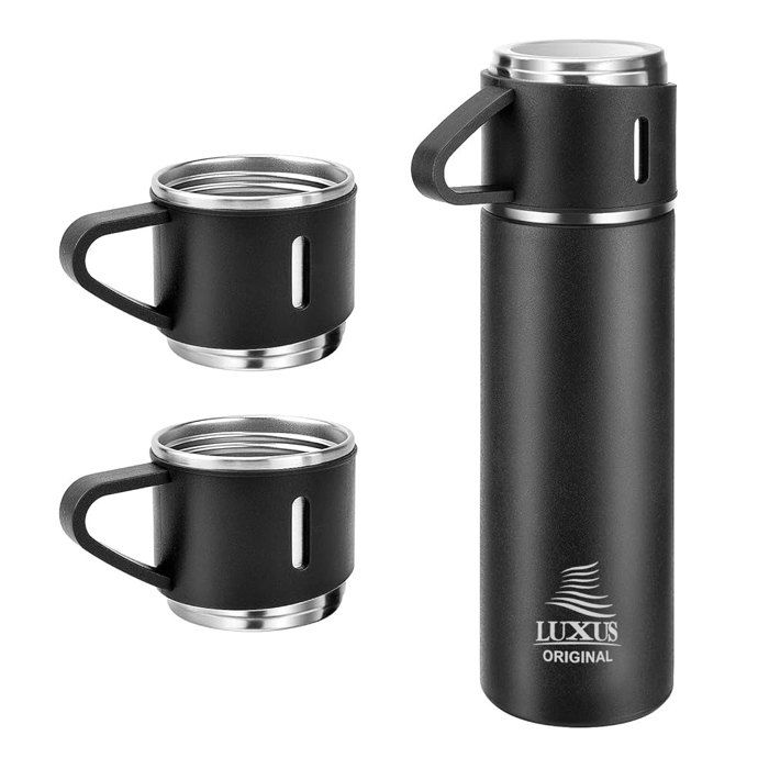 Coffret cadeau - LUXUS - Thermos 500 ml - 3 tasses isothermes - Acier inoxydable - Noir