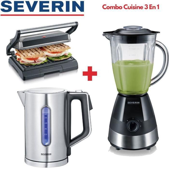 Pack Cuisine 3 en 1 - SEVERIN - Grill Panini, Blender, Bouilloire - Inox - 1.7L - 2400W