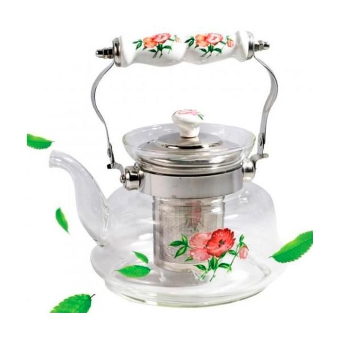 Théière & Bouilloire - Non spécifié - 1L - Verre - Poignée en porcelaine - Infuseur en inox