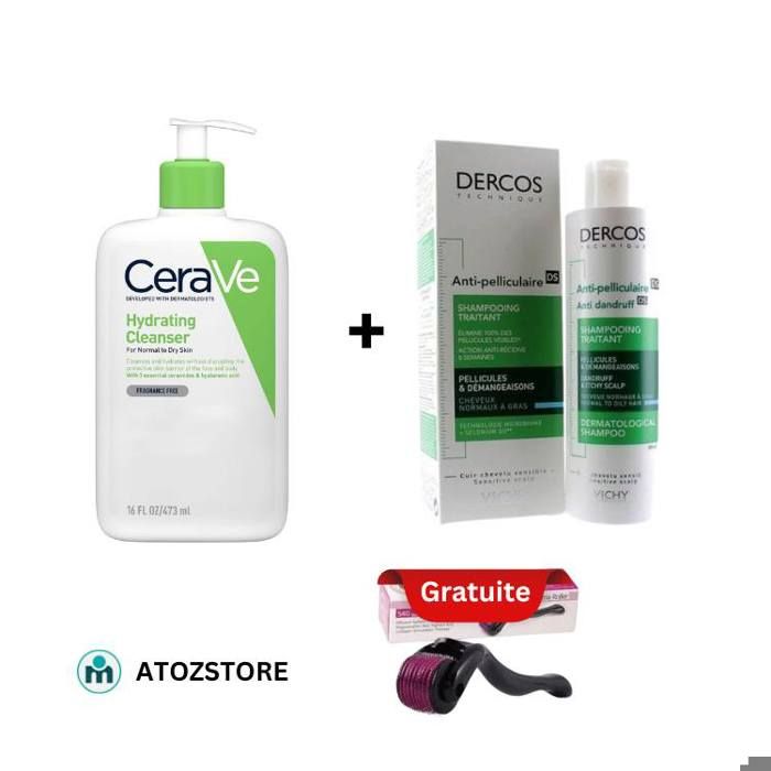 Pack CeraVe Hydrating Cleanser + Vichy DERCOS ANTI-PELLICULAIRE + Dermaroller Soin du Visage et des Cheveux Gratuite
