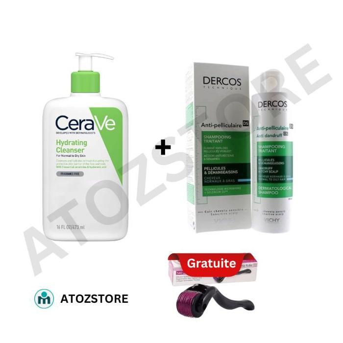 Pack pour soins CeraVe Hydrating Cleanser + Vichy DERCOS ANTI-PELLICULAIRE + Dermaroller Soin du Visage et des Cheveux Gratuite