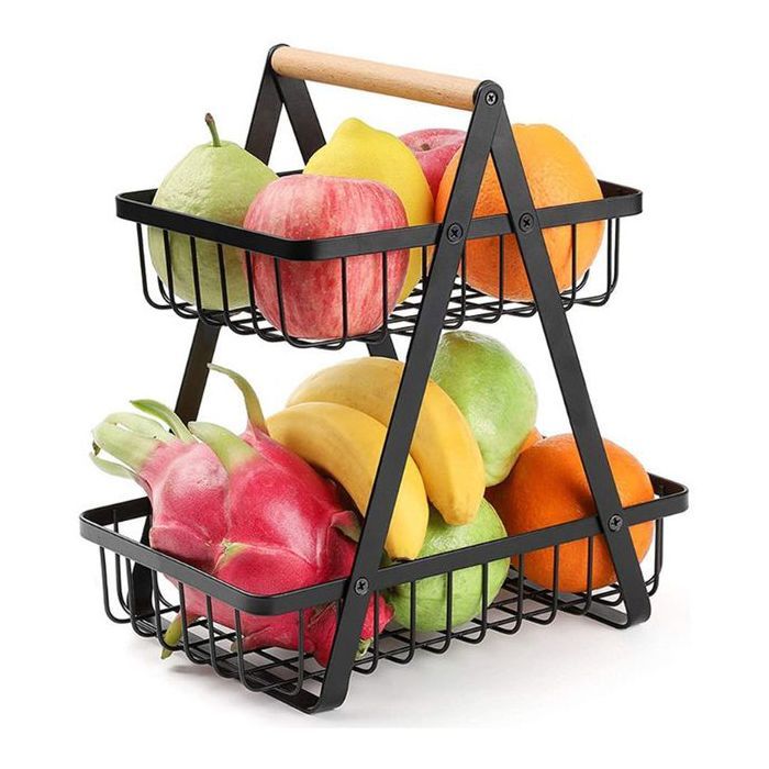 Panier à Fruits Portable - GENERIC - Double Couche - Noir - Rangement Multifonction - Cuisine Contemporaine