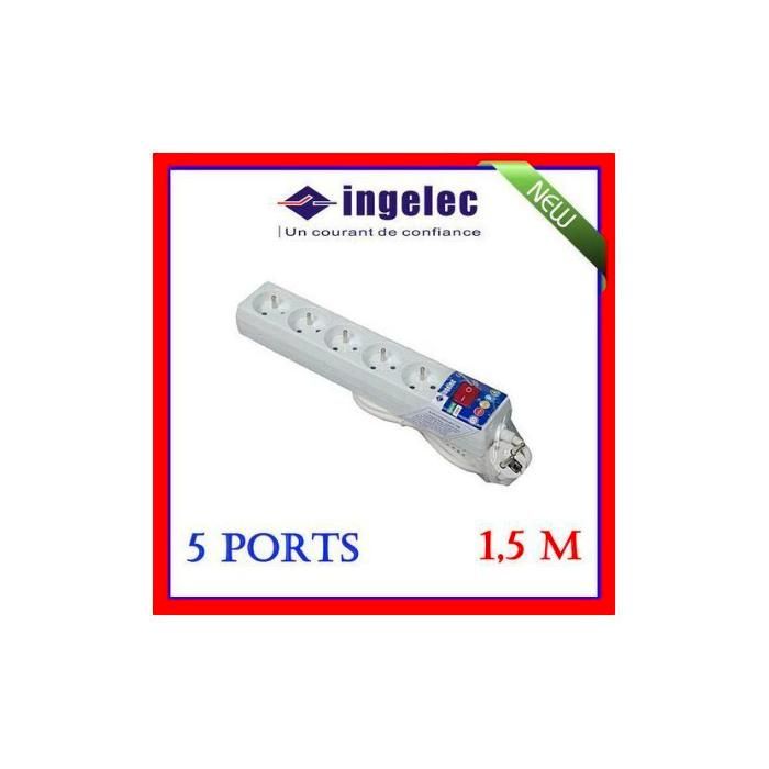 Multiprises et Rallonge avec Interrupteur, Bloc de  5 portes et câble de long de 1.5 Mètre