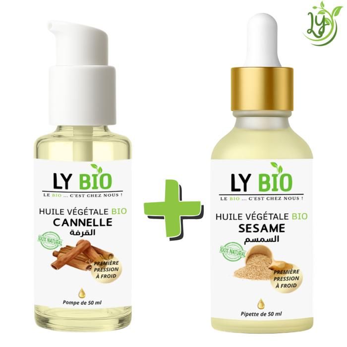Pack d'huiles végétales - LYBIO - Huile de cannelle 50ml - Huile de sésame 50ml - Nourrissant - Mixte