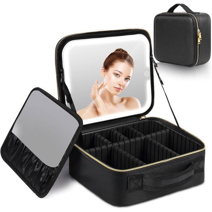 Boite Rangement de maquillage avec miroir LED Rechargeable et Séparateurs Réglables