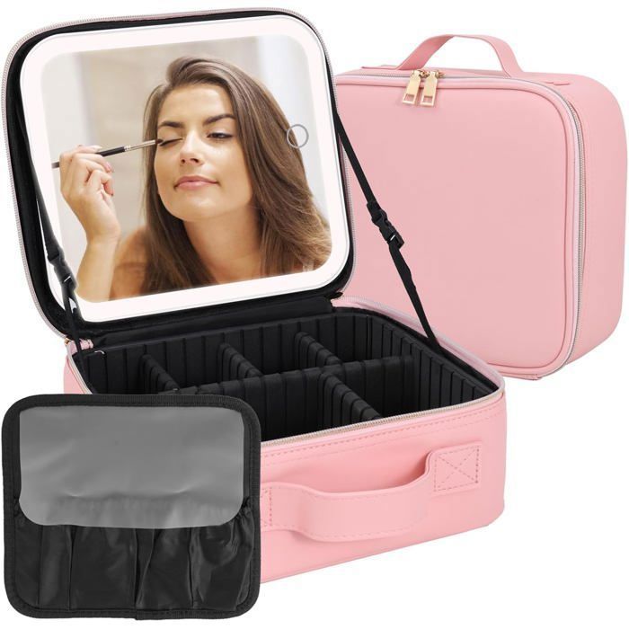 Boite Rangement de maquillage avec miroir LED Rechargeable et Séparateurs Réglables