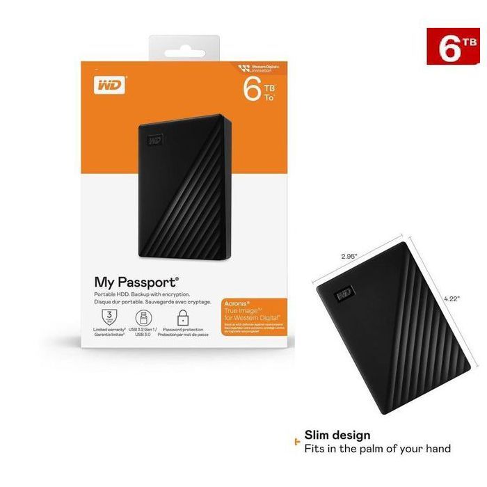 Western Digital Disque dur externe 6TB My Passport portable de 6 To/TB disque dur noir USB 3.2 Gen 1/USB 3.0 6000GB