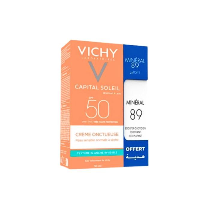 VICHY PACK CAPITAL SOLEIL SPF50 CREME ONCTUEUSE PEAU SENSIBLE NORMAL A SECHE TEXTURE INVISIBLE + VICHY MINERAL 89 10ML OFFERT