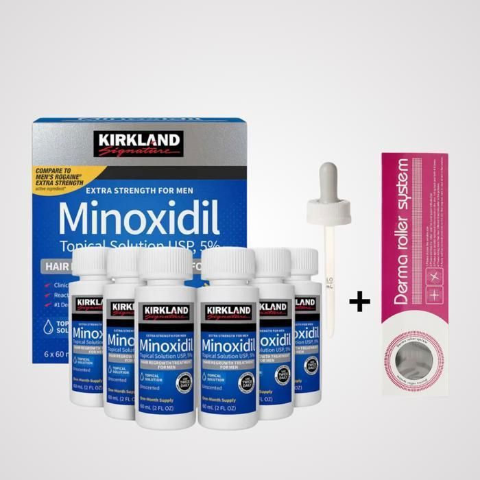 Traitement capillaire - Kirkland - Pack Minoxidil 5% - 6x60ml - Derma roller - Anti-chute cheveux