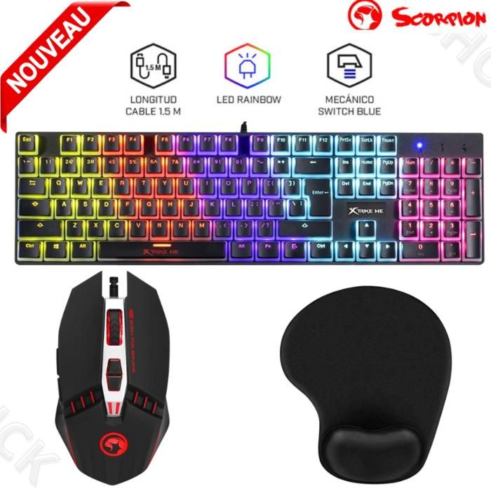 Pack Clavier mécanique de jeu Xtrike Me  GK915 Switch Bleu / Rétroéclairage+ Souris RGB, 7 boutons 4000 Dpi