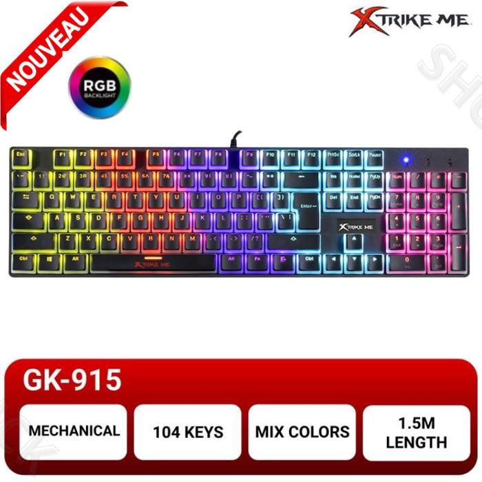 Pack Clavier mécanique de jeu Xtrike Me Pudding  Commutateurs bleus  Éclairage LED arc-en-ciel GK915