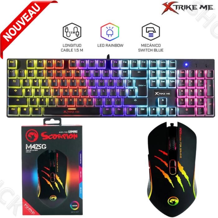 Pack Clavier mécanique de jeu Xtrike Me  GK915 Switch Bleu / Rétroéclairage + Souris RGB, 7 boutons 3200 Dpi