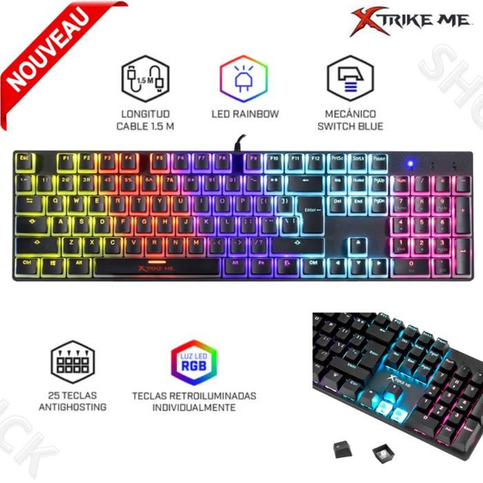 Pack Clavier Mécanique Gamer Xtrike Me  GK-915, Blue Switch Rainbow Éclairage LED arc-en-ciel