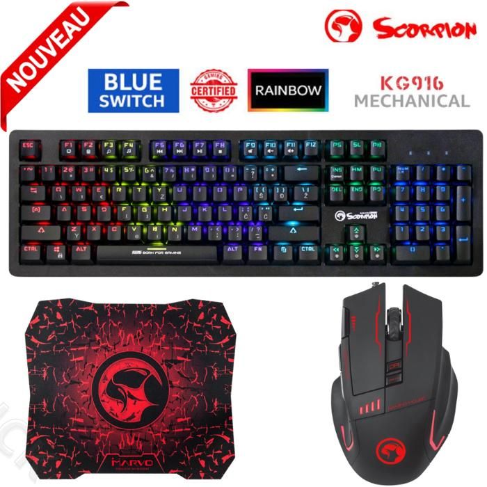 Pack Clavier Gaming Mécanique Switch Bleu / Rétroéclairage KG916 / Anti-ghosting + Souris RGB G909+G1