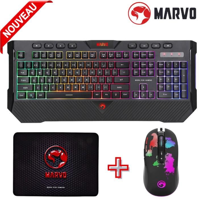 Pack Clavier Gaming Filaire Anti-Ghosting, Rétroéclairage Noir + Souris 4800 DPI + Tapis 300x 230 x 3mm