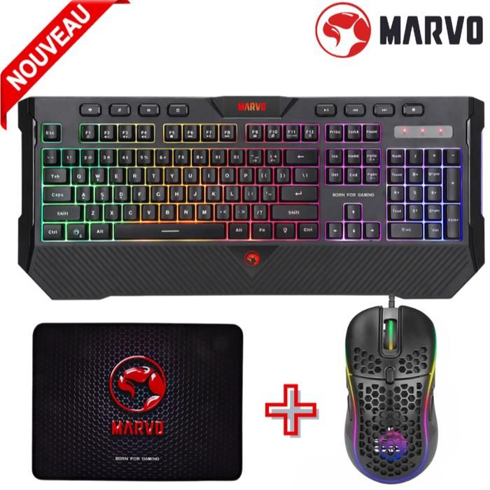 Pack Clavier Gaming Filaire Anti-Ghosting, Rétroéclairage + Souris 4800 DPI 8 boutons + Tapis 300x 230 x 3mm