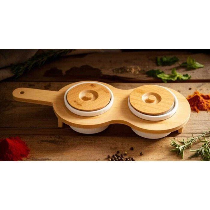 Présentoir - AYA HOME - 2 boîtes en porcelaine - Bambou alimentaire - Design contemporain - Beige