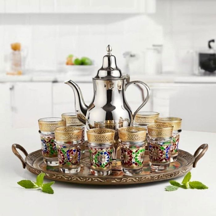 Service à thé marocain - AYA HOME - Pack théière et 12 verres - Inox - Cristallin - Idée cadeau