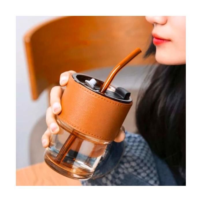 Tasse de paille en verre,tasse à café portable avec couvercle et étui en cuir