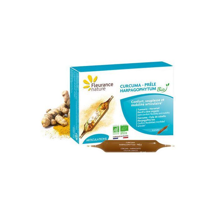 Fleurance nature Curcuma - Harpagophytum - Prêle - Produits Bio - 10 ampoules - Made in France