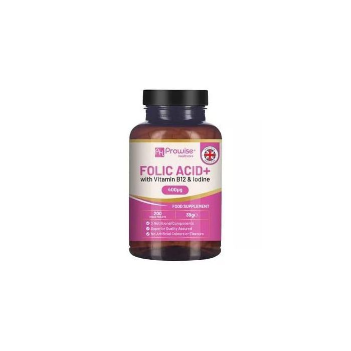 Prowise Healthcare  Acide folique+ 400 mcg avec vitamine B12 et iode, 200 comprimés - Made in UK