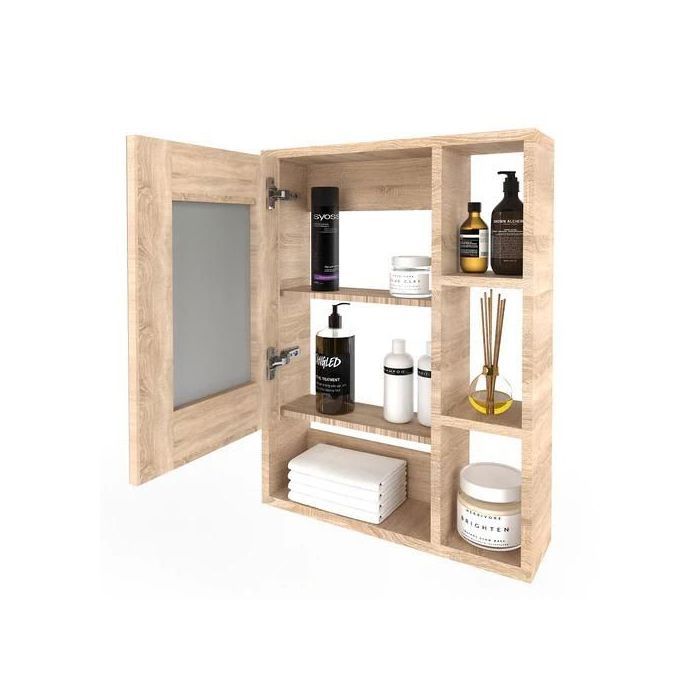 Miroirs  et Armoire de salles de bain à une porte et six compartiments " Chêne  "