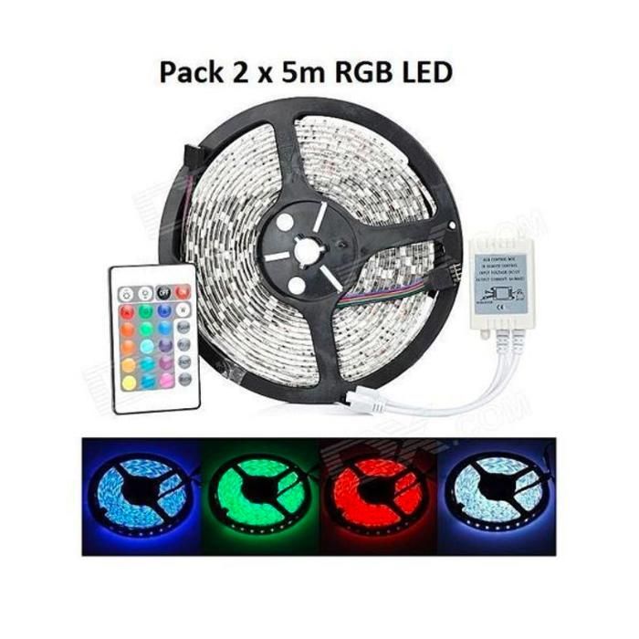 Ruban LED - Multi-Couleur RGB - 2 x 5 M - Transformateur DC 12V/220V - Haute Intensité - Faible Consommation