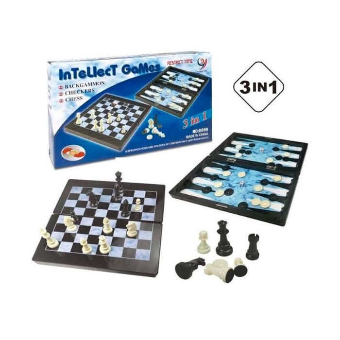 Boîte 3 Jeux en 1 - Echecs, Dames, Backgammon - Aimanté - Pliable