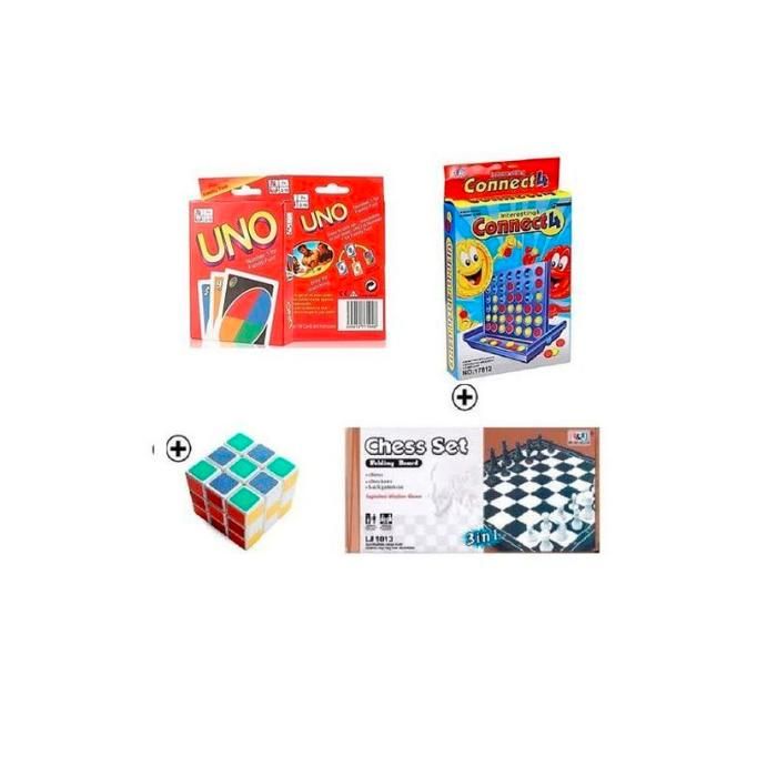 Pack 4 Jeux de Famille - UNO, Puissance 4, Échecs, Cube Magique