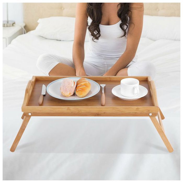 Table de Lit Pliable en Bambou Laqué Plateau Petit Déjeuner avec Poignées