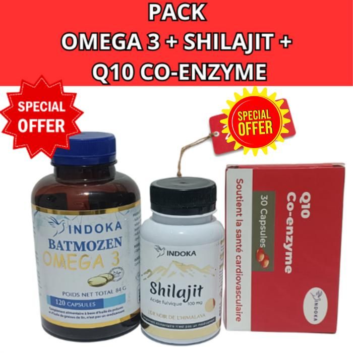 PACK INDOKA Oméga 3 + Shilajit + Co-enzyme Q10 MULTICOLORS